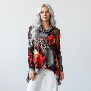 Boston Proper Asymmetrical Floral & Leopard Print Cowel Neck Shark Bite Tunic